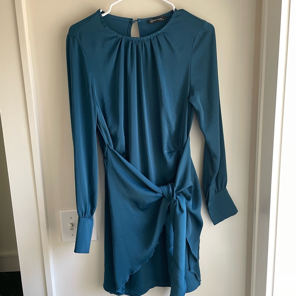 Blue Asymmetrical Wrap Dress with Bishop Sleeves